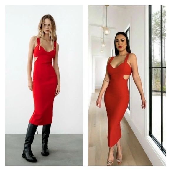 ZARA Blogger Favorite Red Cutout Strappy Bodycon Midi Dress XS NWT Valentines - Picture 3 of 16